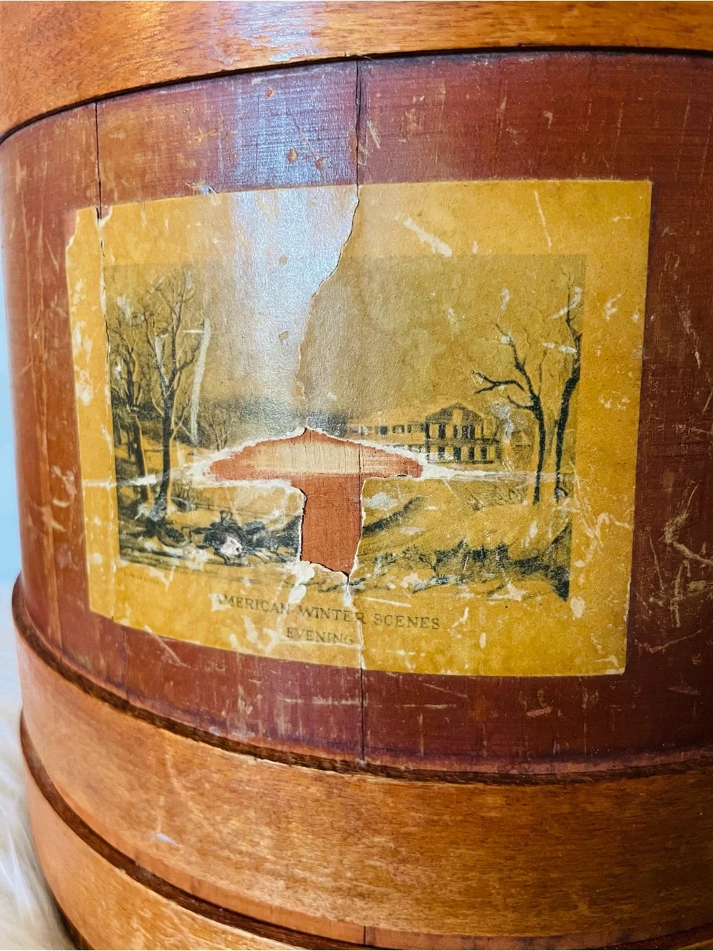 Vintage Primitive Wood FIRKIN Sugar Bucket Finger Bands Pegged Bentwood Handle